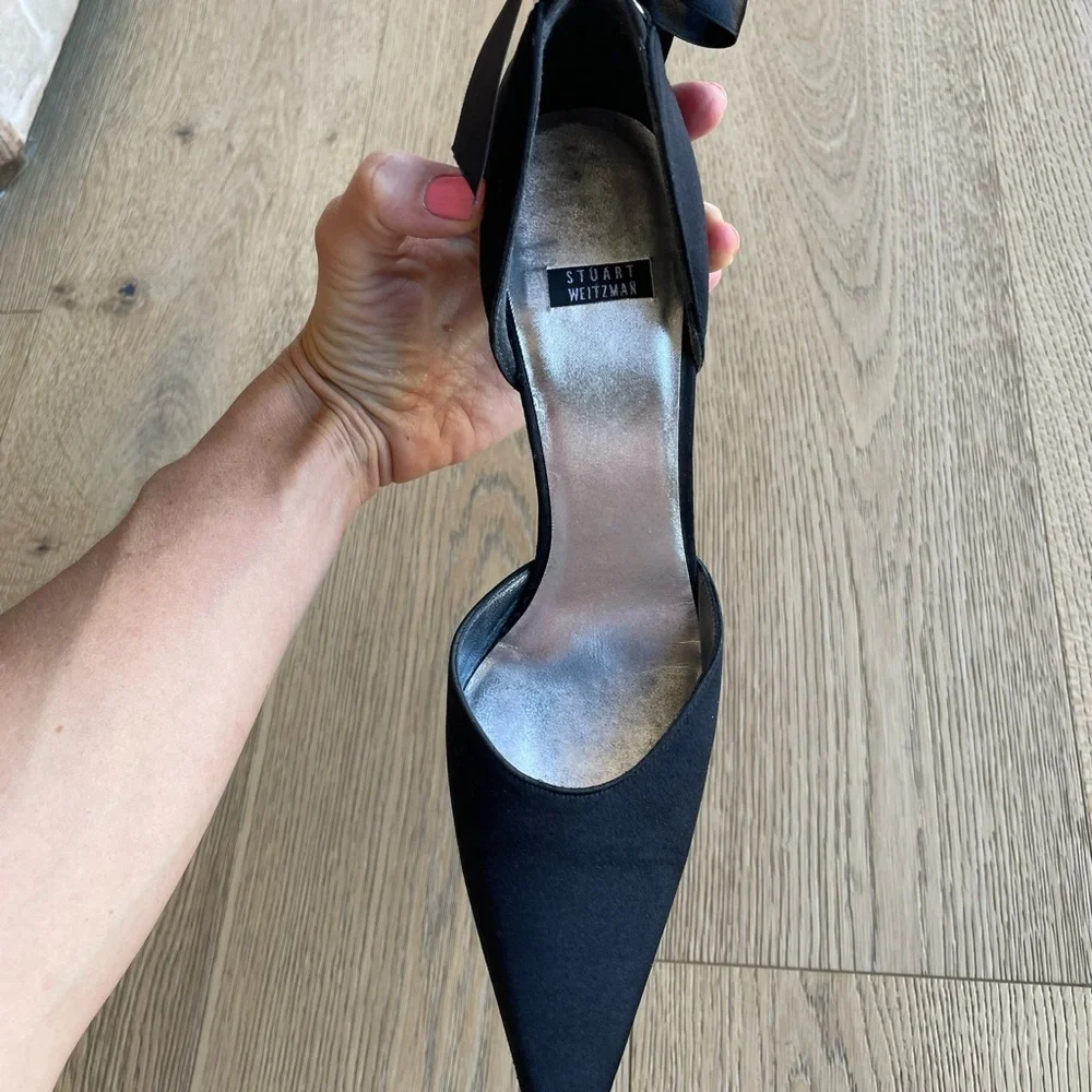 Stuart Weitzman Black Satin Bow Heels Crystal Pointed Toe Pumps 7.5